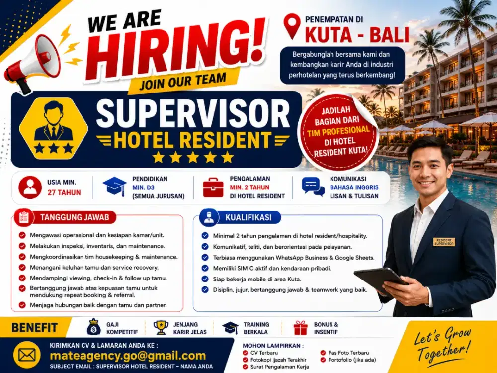 Lowongan Supervisor Resident hotel di Kuta bali