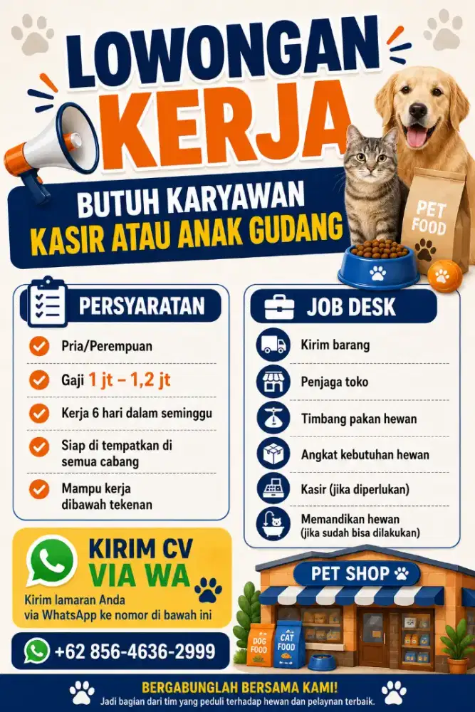 DIBUTUHKAN KARYAWAN PET STORE BISA PART TIME JOBS