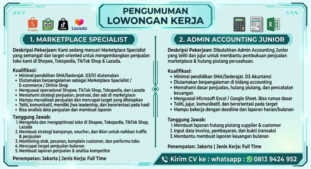 Dibutuhkan segera marketplace specialis dan Accounting junior