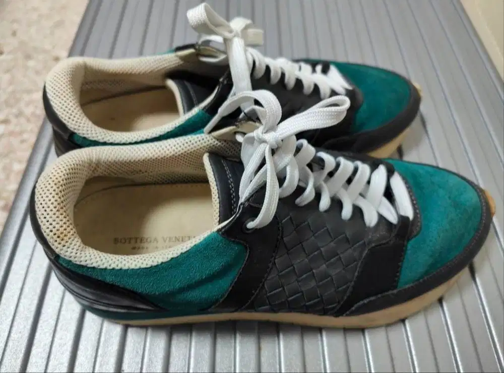 Bottega Veneta Intrecciato Leather Suede Sneakers Teal Black Size 41