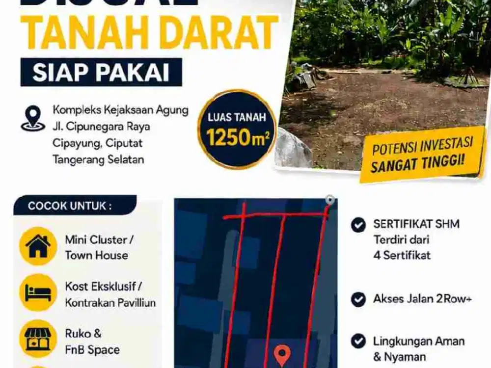 Tanah darat/kavling 1250m² siap pake, di kompleks Kejaksaan Agung ciputat cipayung tangerang selatan