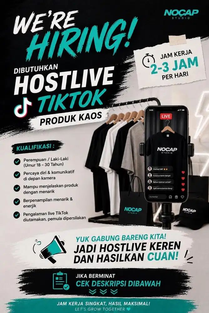 DICARI HOST LIVE STREAMING PRODUK KAOS KERJA CUMA 2-3JAM PERHARI
