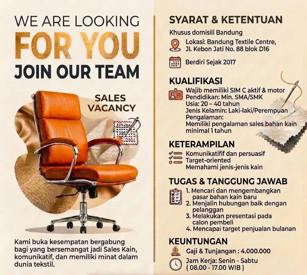 Dibutuhkan sales kain sprei