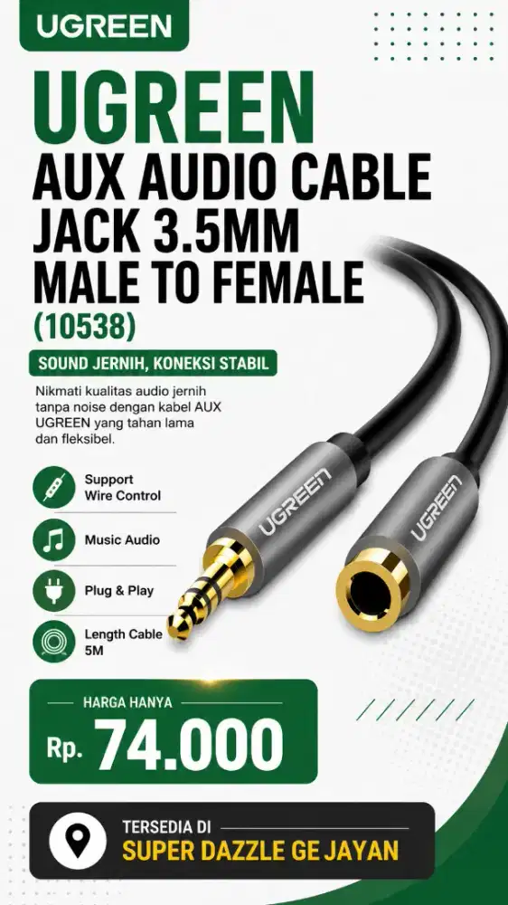 UGREEN AUX AUDIO CABLE JACK 3.5MM MALE TO FEMALE 5M (10538)