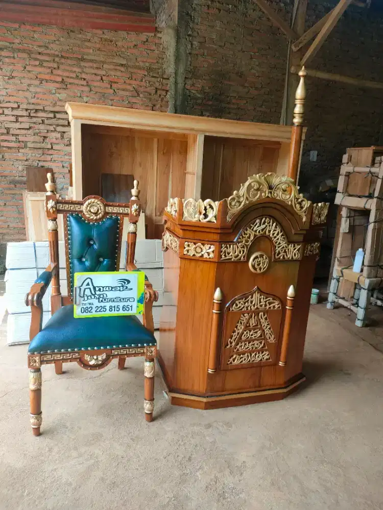 Mimbar masjid podium set kursi full kayu jati