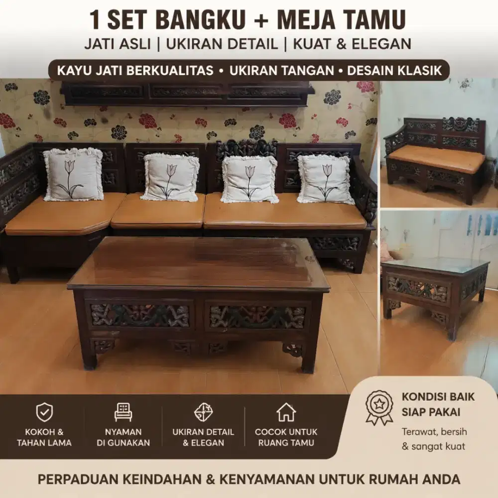 1 Set Kursi Kayu Ukir + Meja Free Bantal | Dijual Cepat