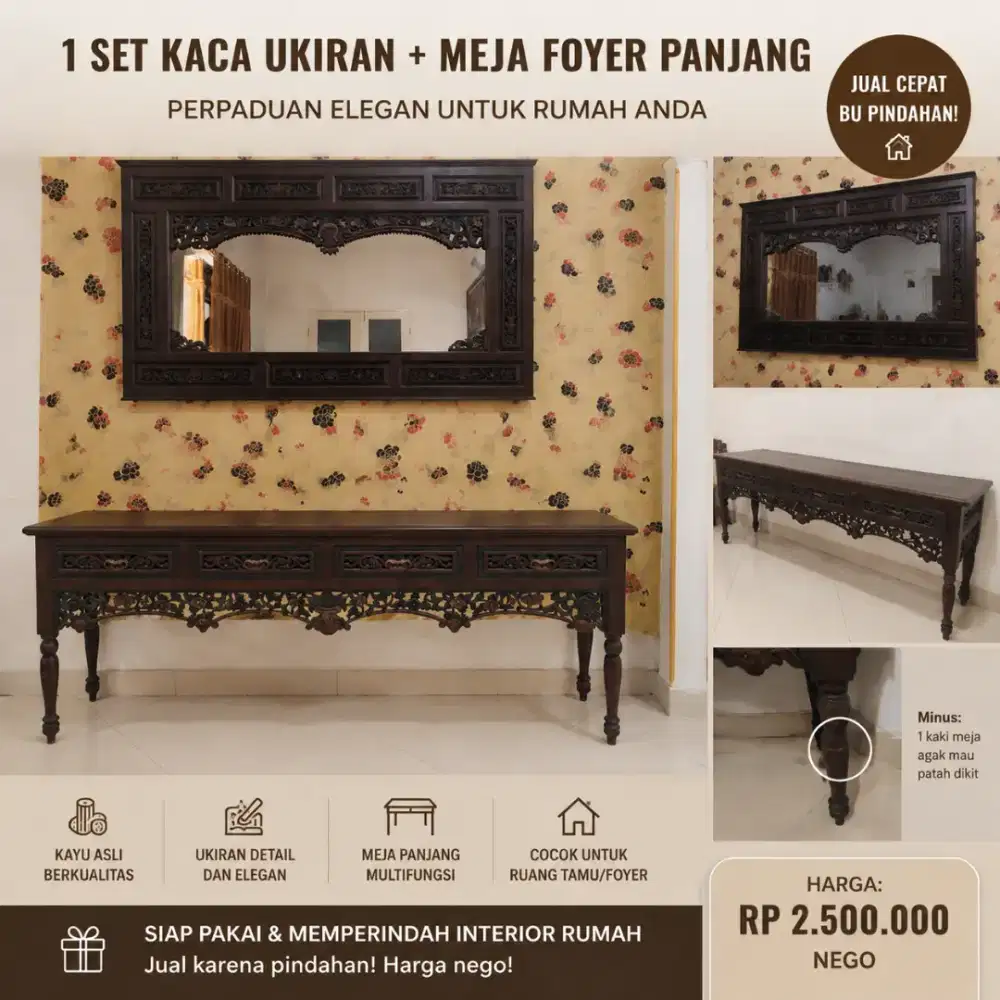 1 Set Kaca Cermin Kayu Ukir + Meja Foyer Panjang | Dijual Cepat