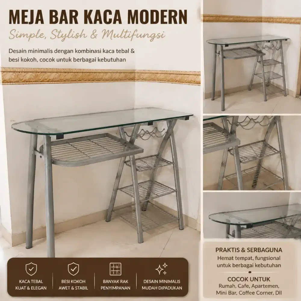 Meja Bar Kaca + Rak Botol & Penyimpanan | cocok untuk rumah / cafe