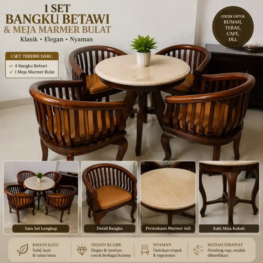 1 Set Bangku Betawi Kayu + Meja Marmer Bulat | Dijual Cepat