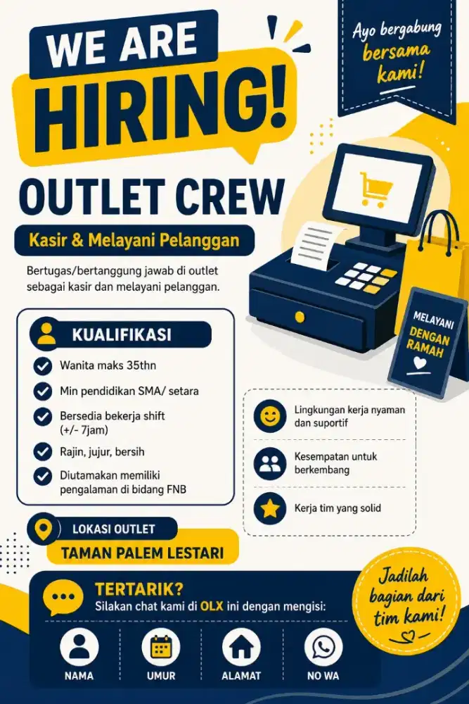 LOWONGAN KERJA – OUTLET CREW (Kasir & Pelayanan Pelanggan)