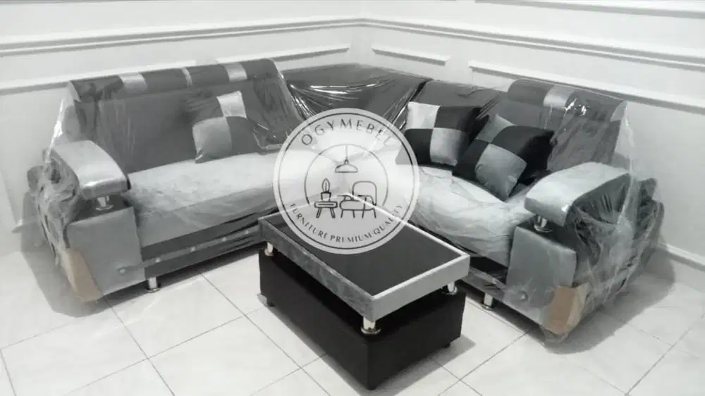 PROMO SET SOFA L ABU MINIMALIS BAHAN BLUDRU KOMBINASI KULIT SALE