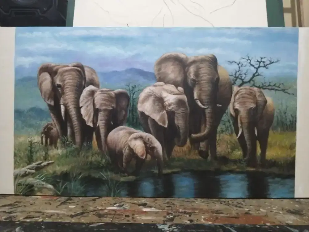 Dijual lukisan kanvas gajah 90x130 cm