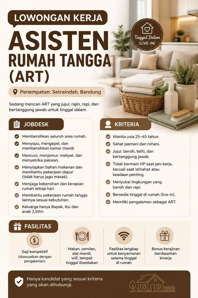 LOWONGAN KERJA ASISTEN RUMAH TANGGA (ART)