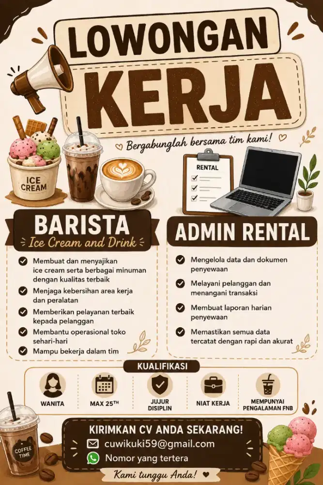 LOWONGAN KERJA BARISTA KASIR & KASIR RENTAL