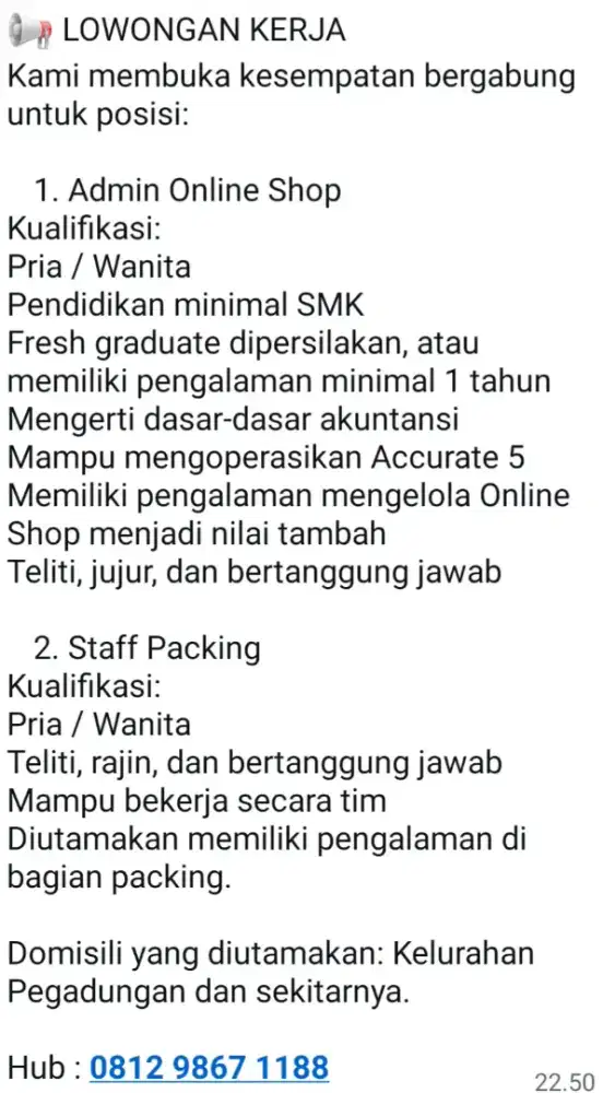 Lowongan kerja Staff Admin Online dan Packing
