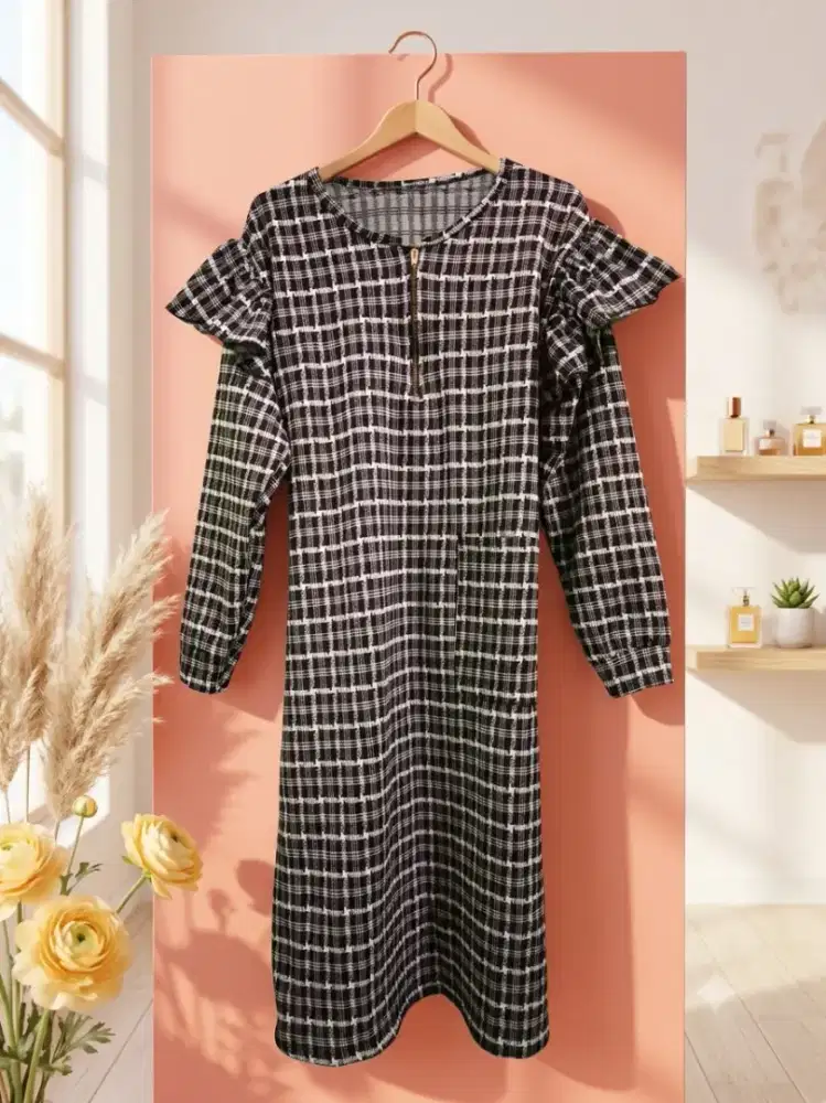 Dress kotak hitam putih oke harga hemat