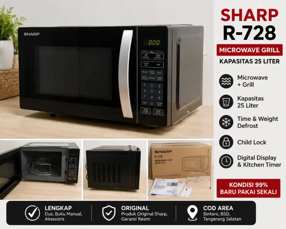 Sharp R-728 Microwave Grill 25L - Like New, Baru Pakai Sekali, Lengkap