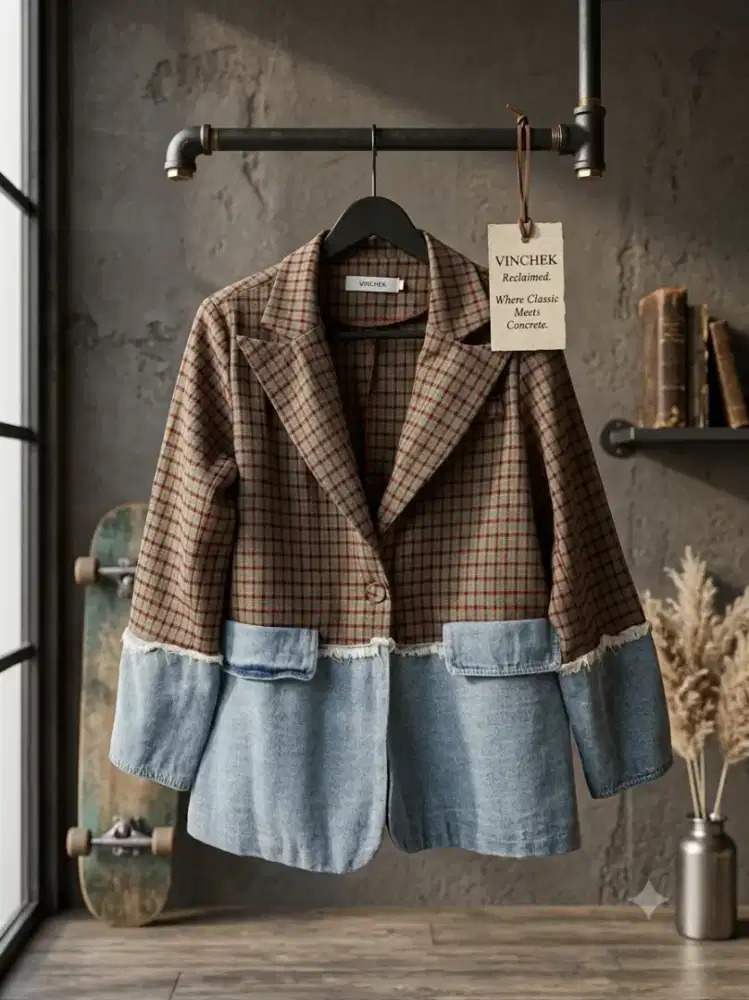 Blazer coklat flannel plaid dipadu bahan denim