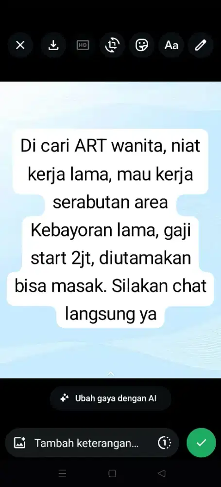 Cari ART wanita , niat kerja, jujur