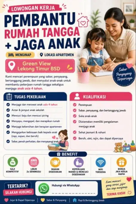 Dibutuhkan art bisa jaga anak