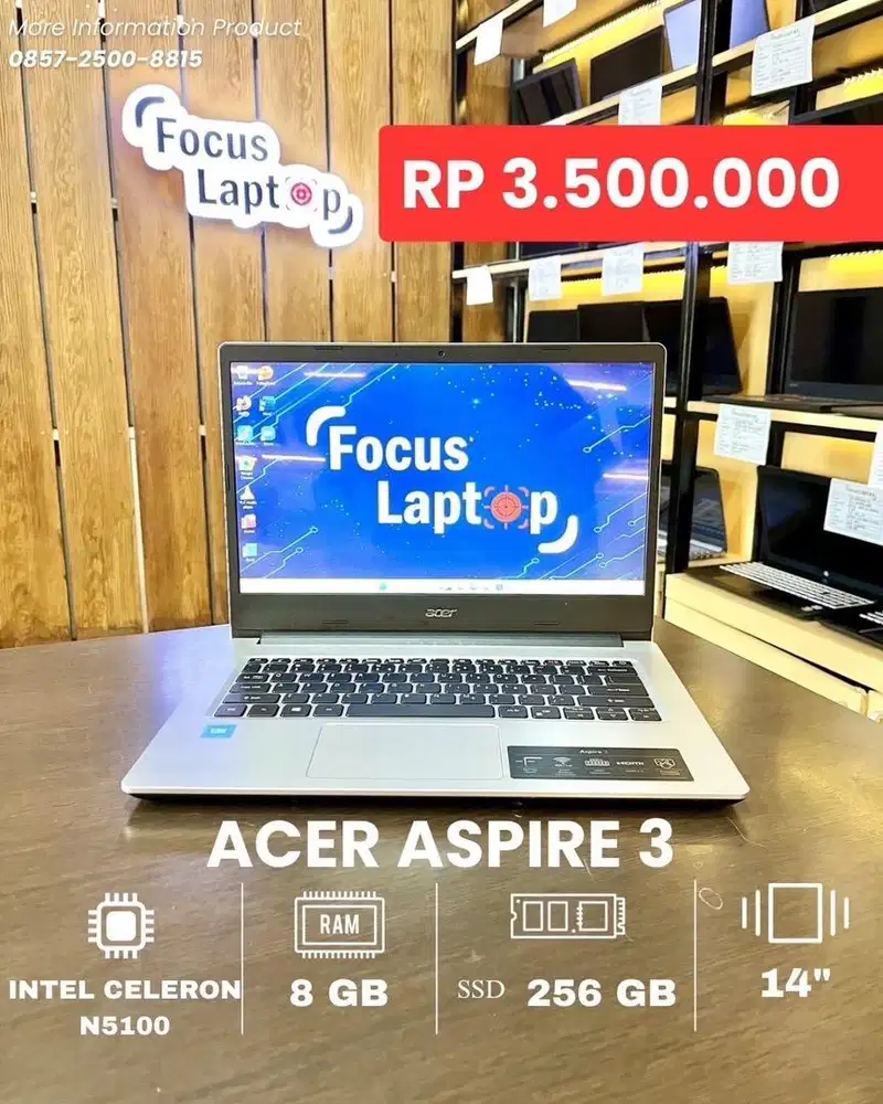 ACER ASPIRE 3. INTEL CELERON N5100. RAM 8 GB. SSD 256 GB. 3 JUTAAN