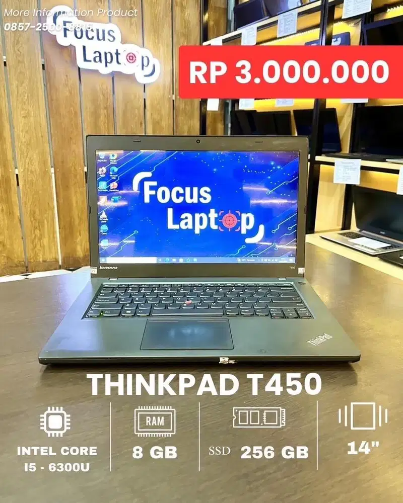 THINKPAD T450. INTEL CORE I5-6300U. RAM 8 GB. SSD 256 GB. Dual Baterai
