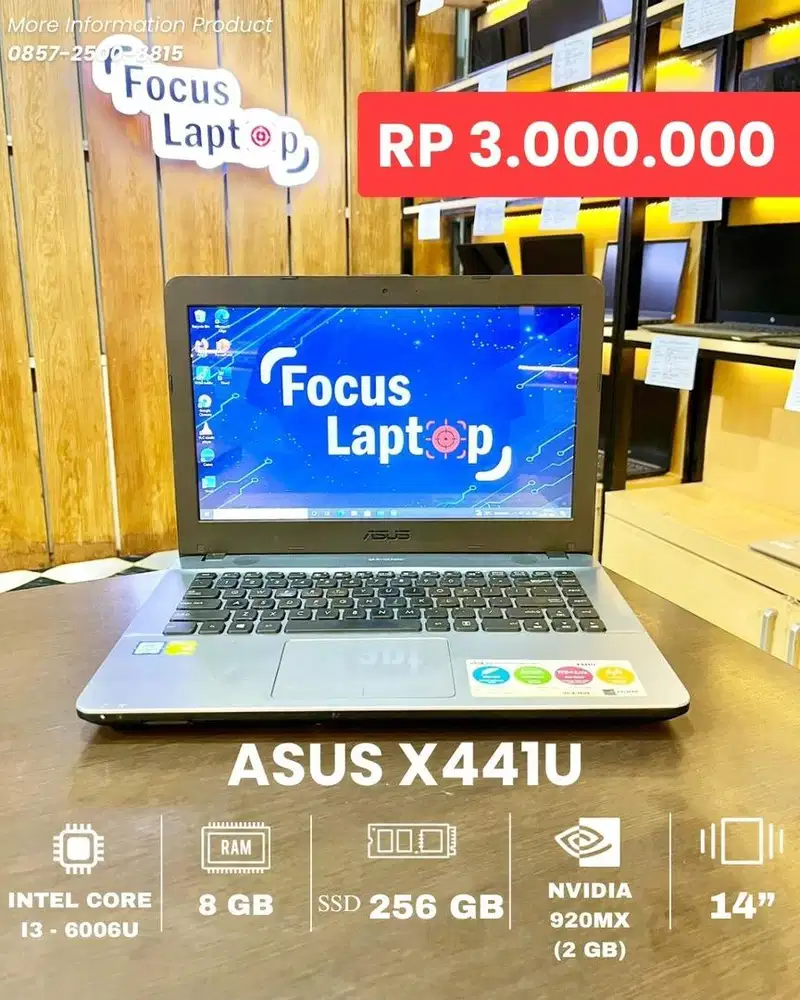 ASUS X441U. INTEL CORE I3-6006U. RAM 8 GB. SSD 256 GB. VGA 2 GB