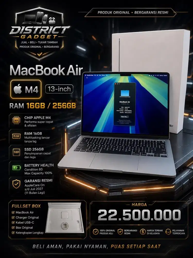 Macbook Air M4 16/256gb fullset garansi on