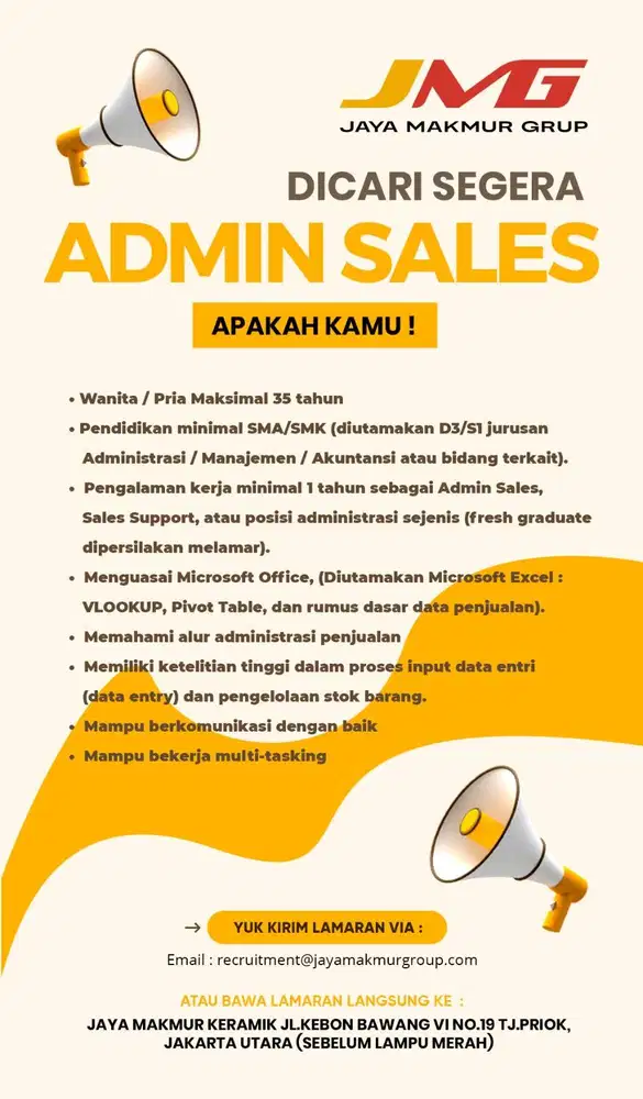 DIBUTUHKAN SEGERA ADMIN SALES BERPENGALAMAN, TELITI DAN CEKATAN