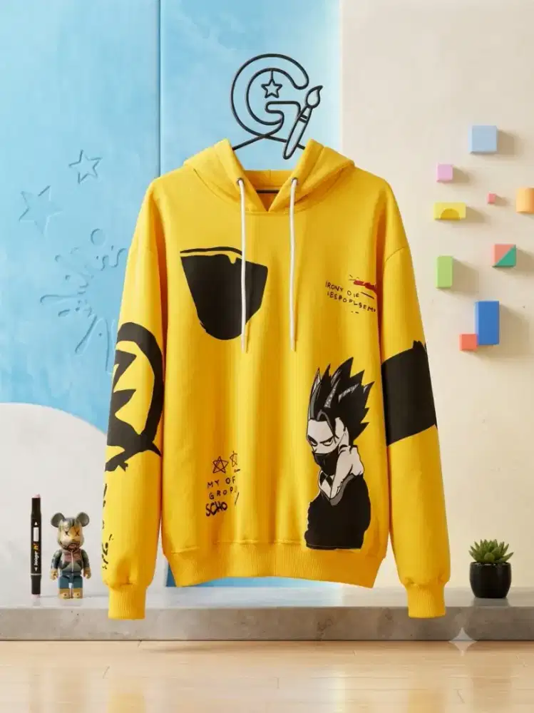 Hoodie/sweater kuning bekas bergaya anime-graphic