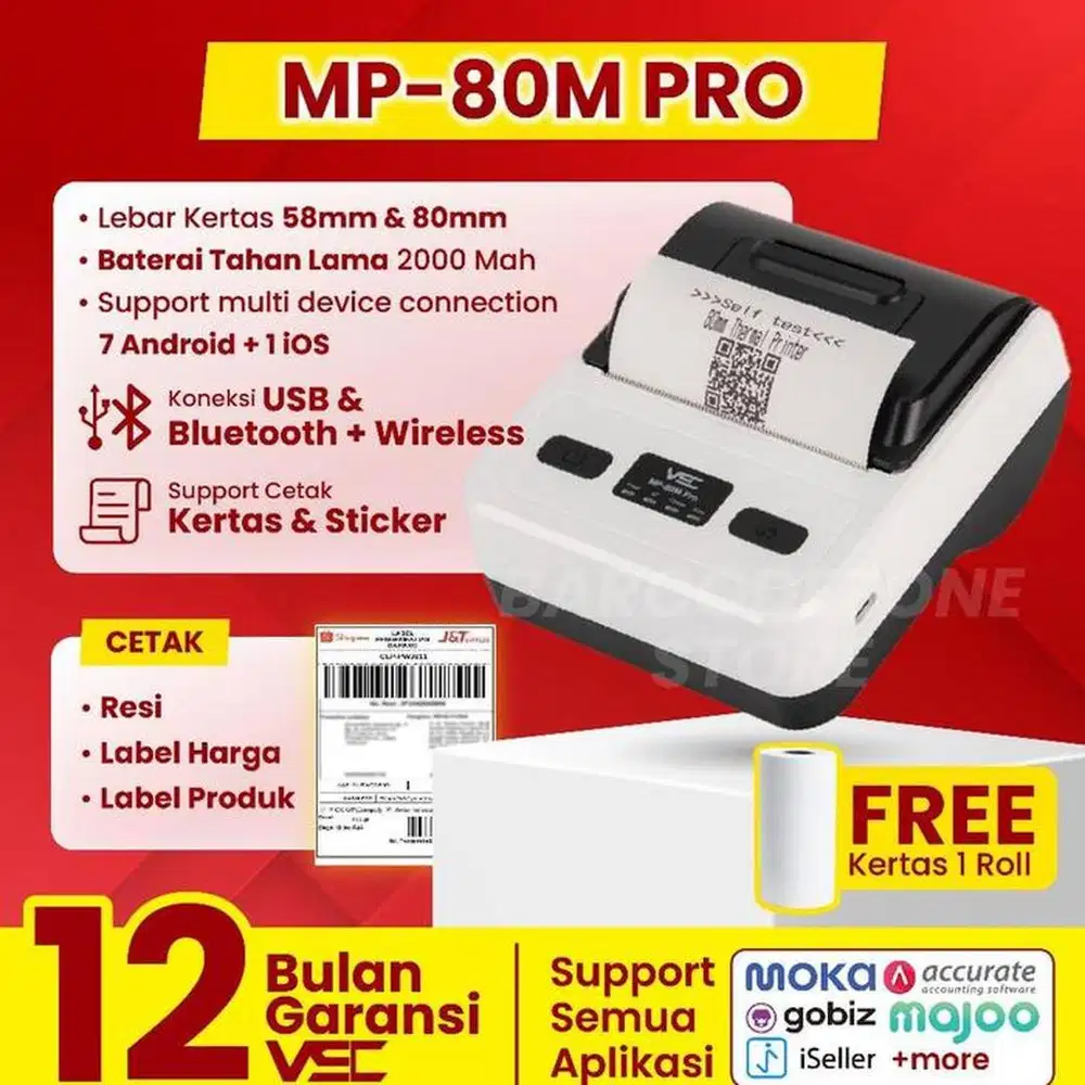 printer thermal bluetooth 80mm VSC 80M Pro 2000mah Baru