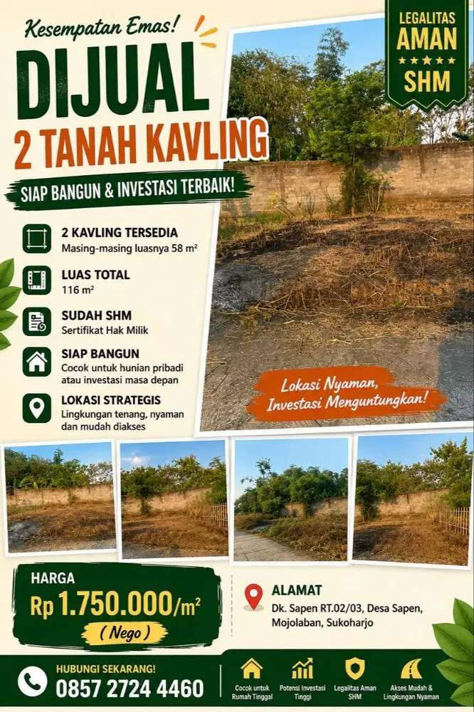 DIJUAL TANAH KAVLING LUAS 116 m² - SHM Ready