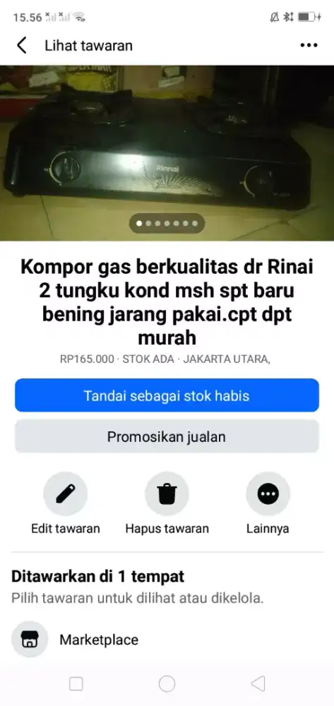 Kompor gas Rinai 2 tungku kond msh spt baru jarang pakai cpt murah sj
