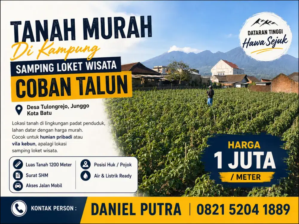 JUARA! Tanah Hook 1.200m² SHM Samping Loket Coban Talun Batu – Cocok Vila & Hunian