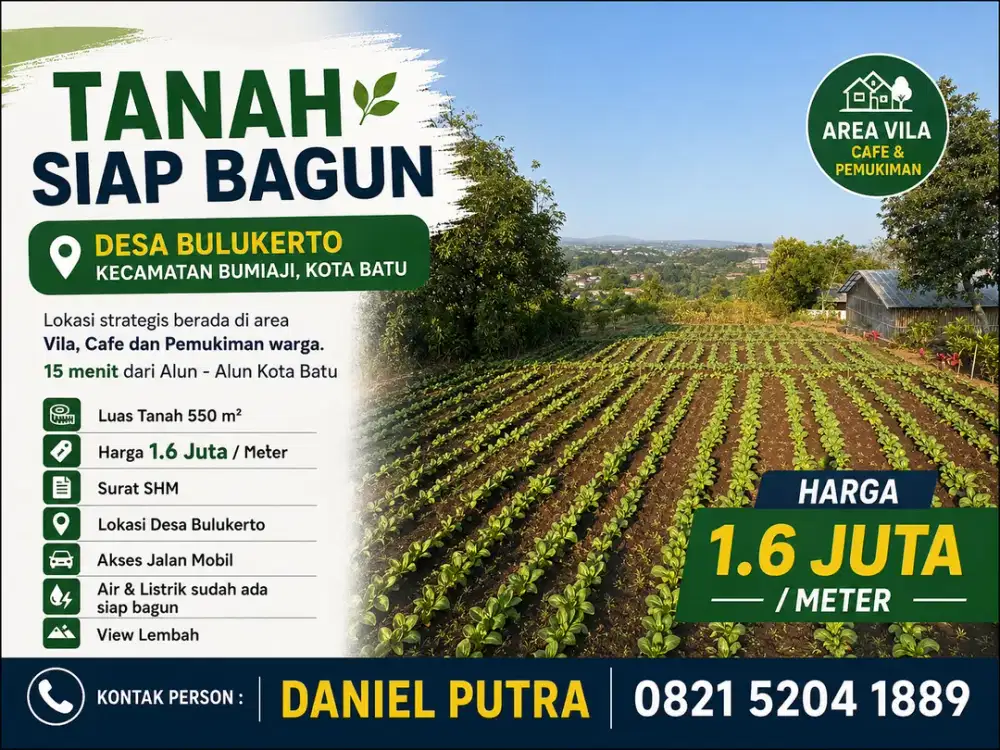 Tanah SHM 550m² Siap Bangun View Lembah di Bulukerto Bumiaji Batu – Area Vila & Cafe