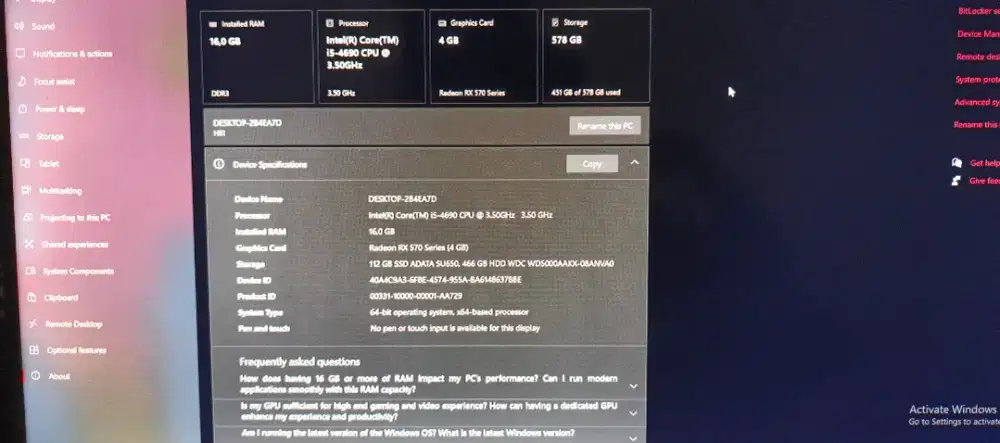 PC game core I5 4690 vga Rx 570 4GB
