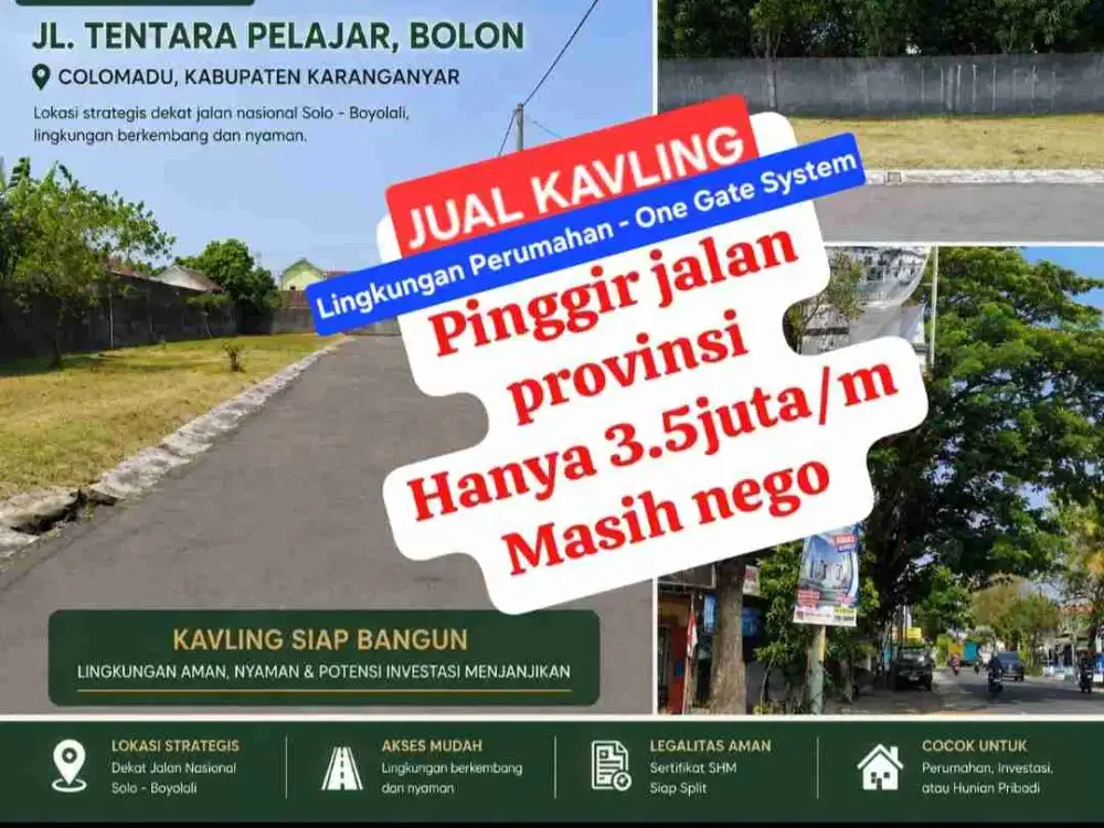 DI JUAL 25 Unit TANAH KAVLING. Luas 87 m² Lokasi BOLON - COLOMADU. Kawasan Perumahan