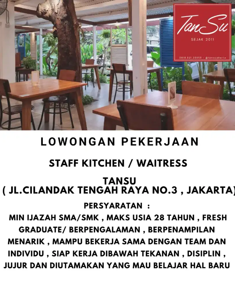 LOWONGAN STAFF KITCHEN , WAITREES , URUS TANAMAN