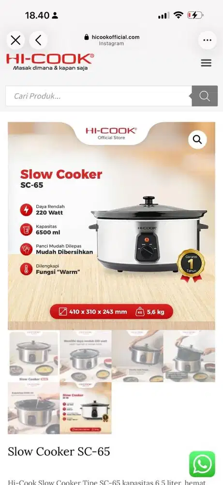 Jual slowcooker hi cook 6,5 liter good condition