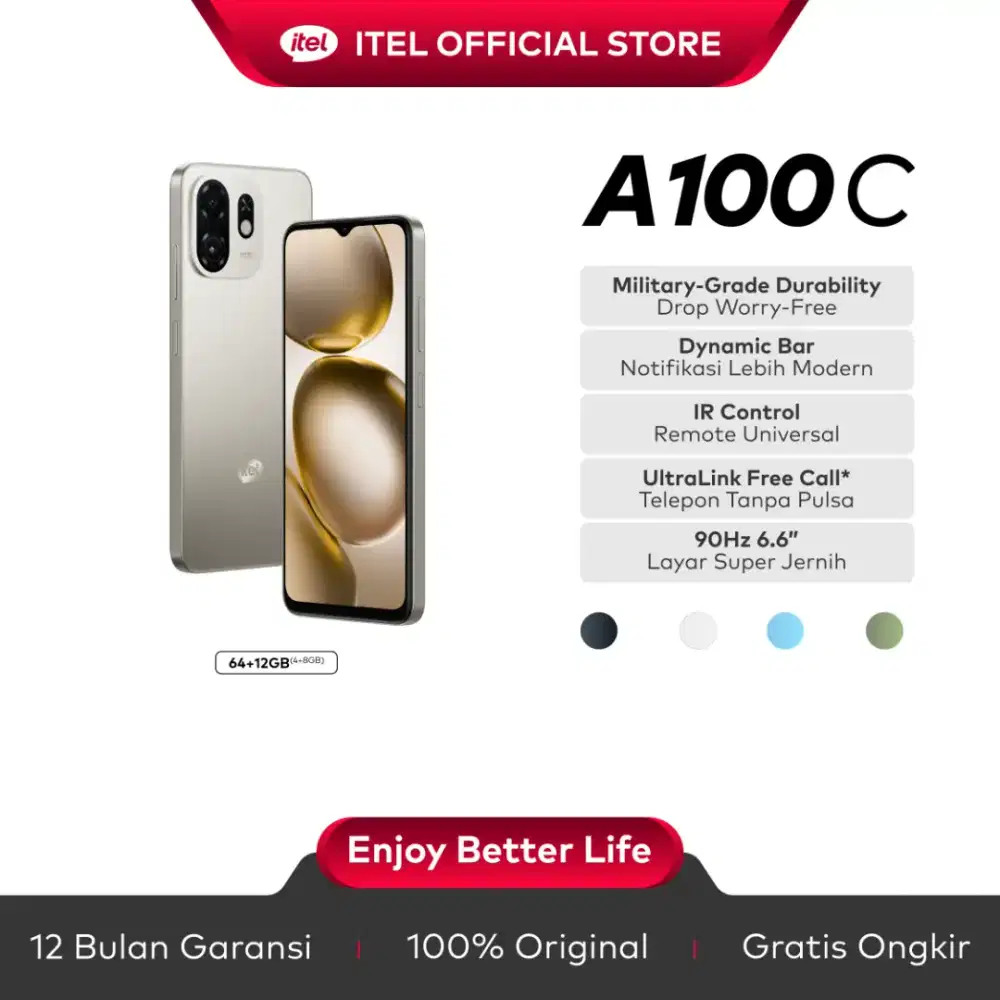 Itel A100C RAM 4+8GB ROM 64GB Baterai 5000mAh Layar 90Hz 6.6