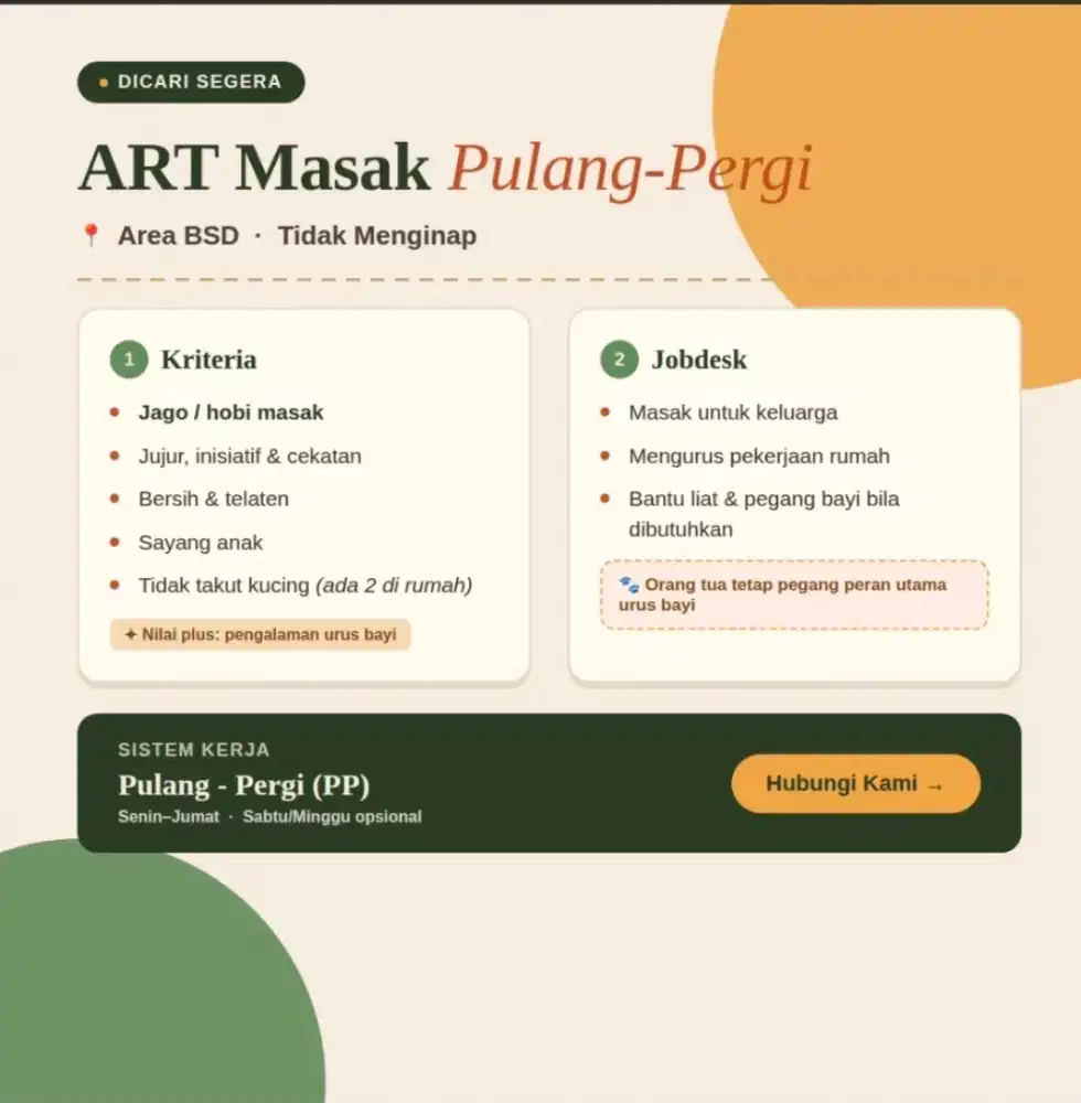 Dicari ART masak pulang pergi daerah BSD