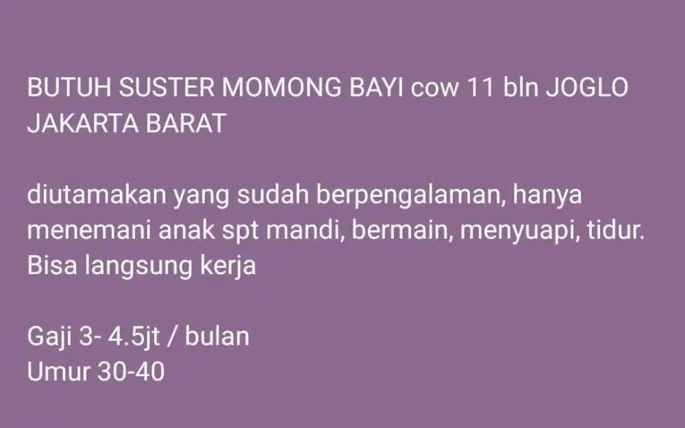 Butuh cpt Suster Bayi