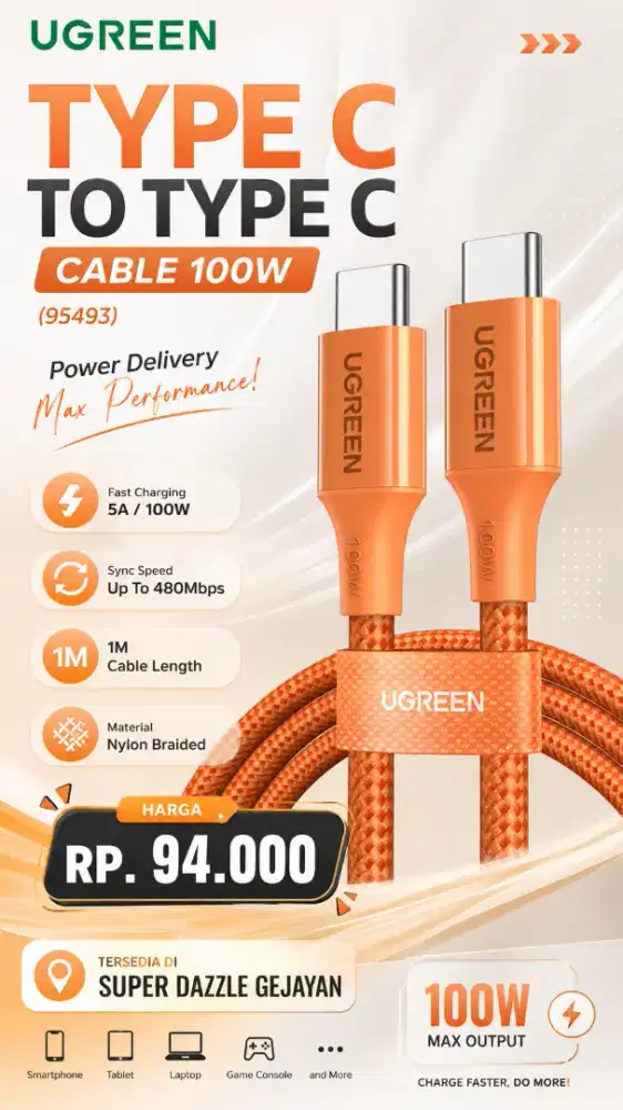 UGREEN TYPE C TO TYPE C CABLE 100W (95493)
