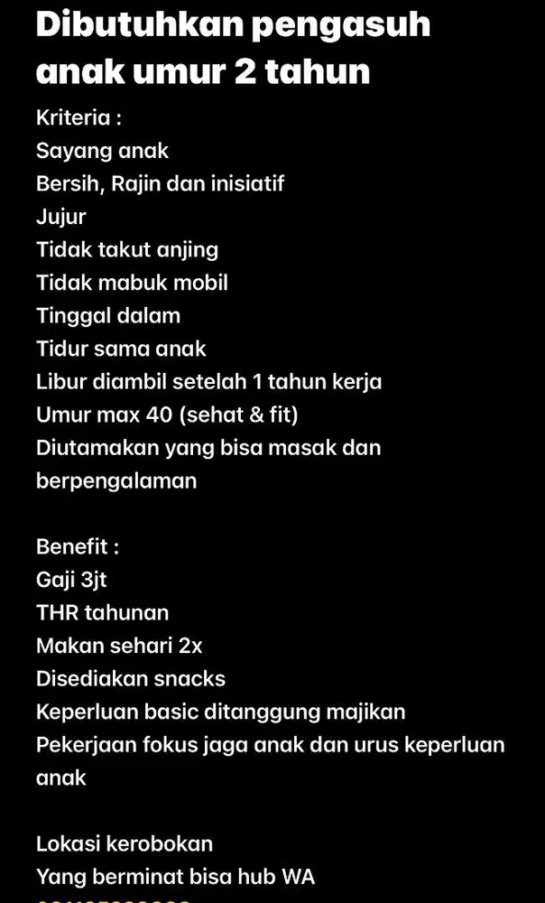 Dibutuhkan pengasuh anak 2 tahun