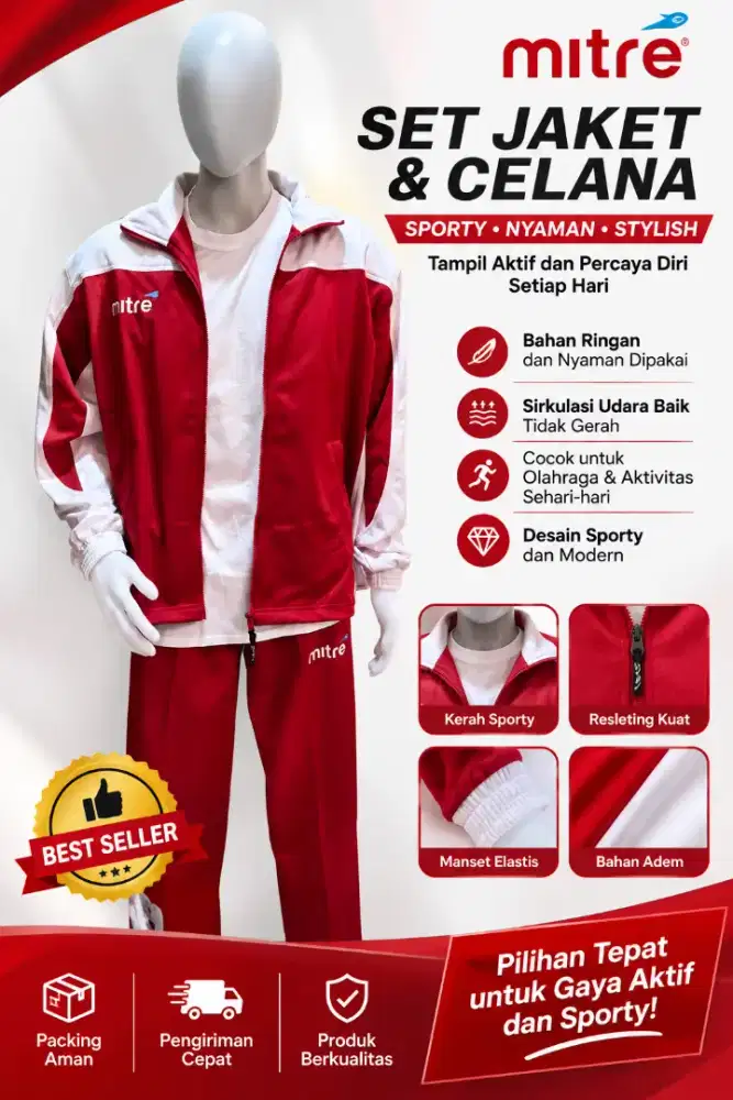 Mitre Jacket Training Merah Putih Olahraga Pria Wanita Set Setelan