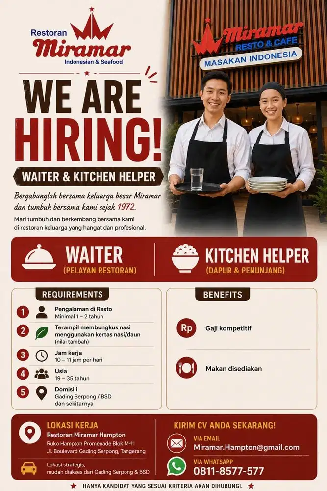 Lowongan waiters and kitchen helper