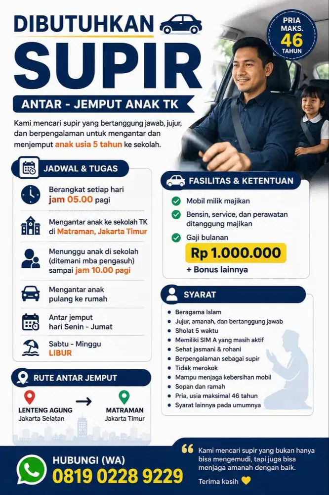 Dibutuhkan Supir Antar Jemput Anak TK