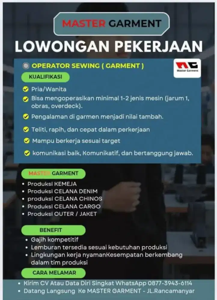 Master Garment.membuka lowongan untuk 120 operator sewing dan spv..