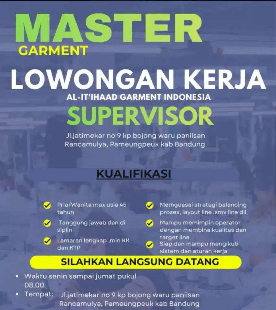Master Garment.membuka lowongan untuk 120 operator sewing dan spv..