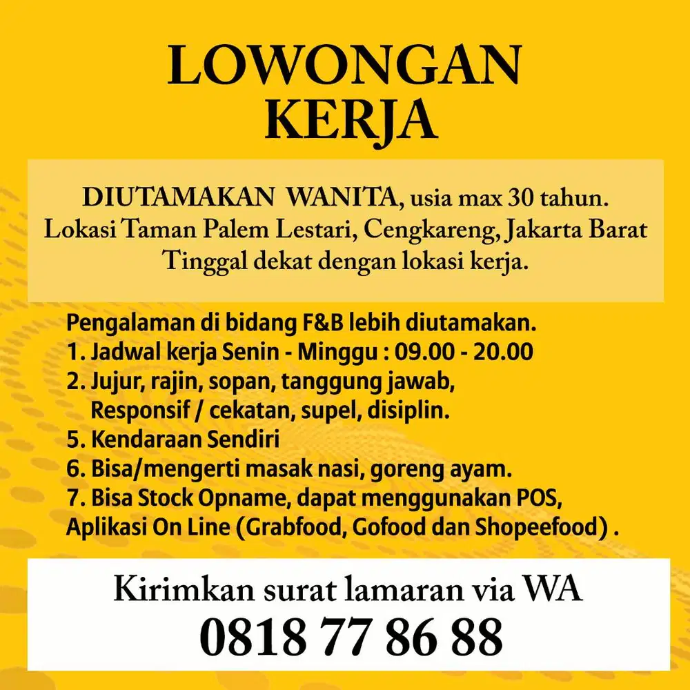 lowongan Karyawati outlet Makanan